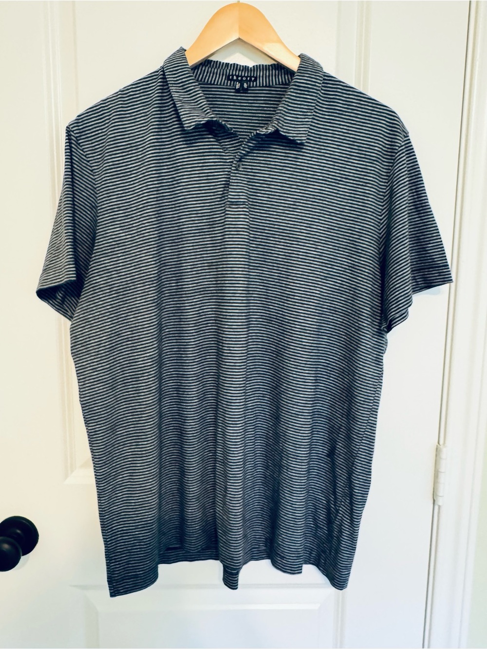 Theory Men's Navy and White Striped Polo